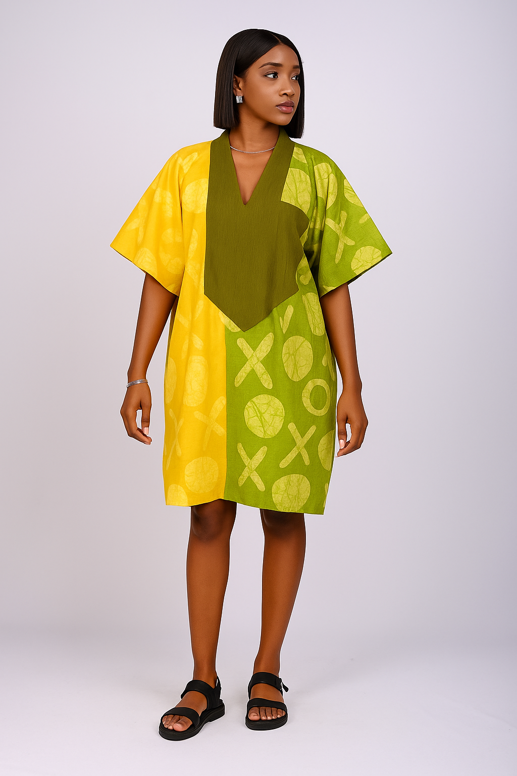 Olive Soleil Short Bubu – Hand-Dyed Two-Tone Kaftan Mini in Olive & Sunburst Yellow