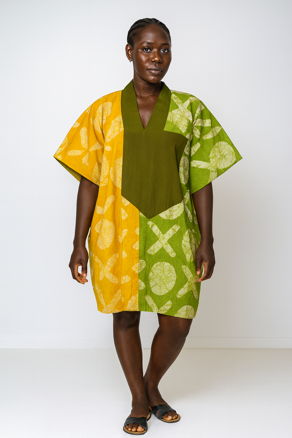 Olive Soleil Short Bubu – Hand-Dyed Two-Tone Kaftan Mini in Olive & Sunburst Yellow