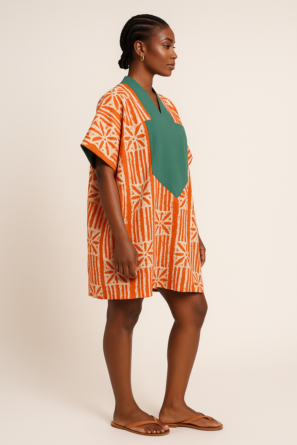 Amber Mosaic Short Bubu – Hand-Dyed Artisanal Kaftan Mini in Burnt Orange & Emerald