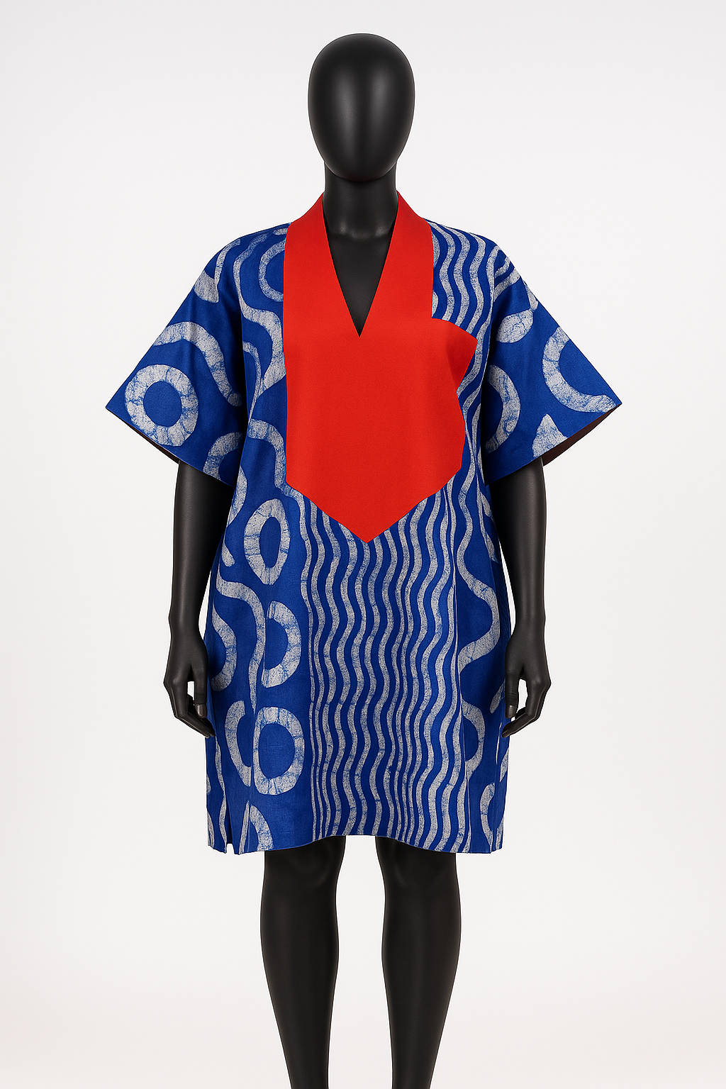 Abeokuta Current Short Bubu – Indigo Hand-Dyed Mini Kaftan with Fiery Red Accent