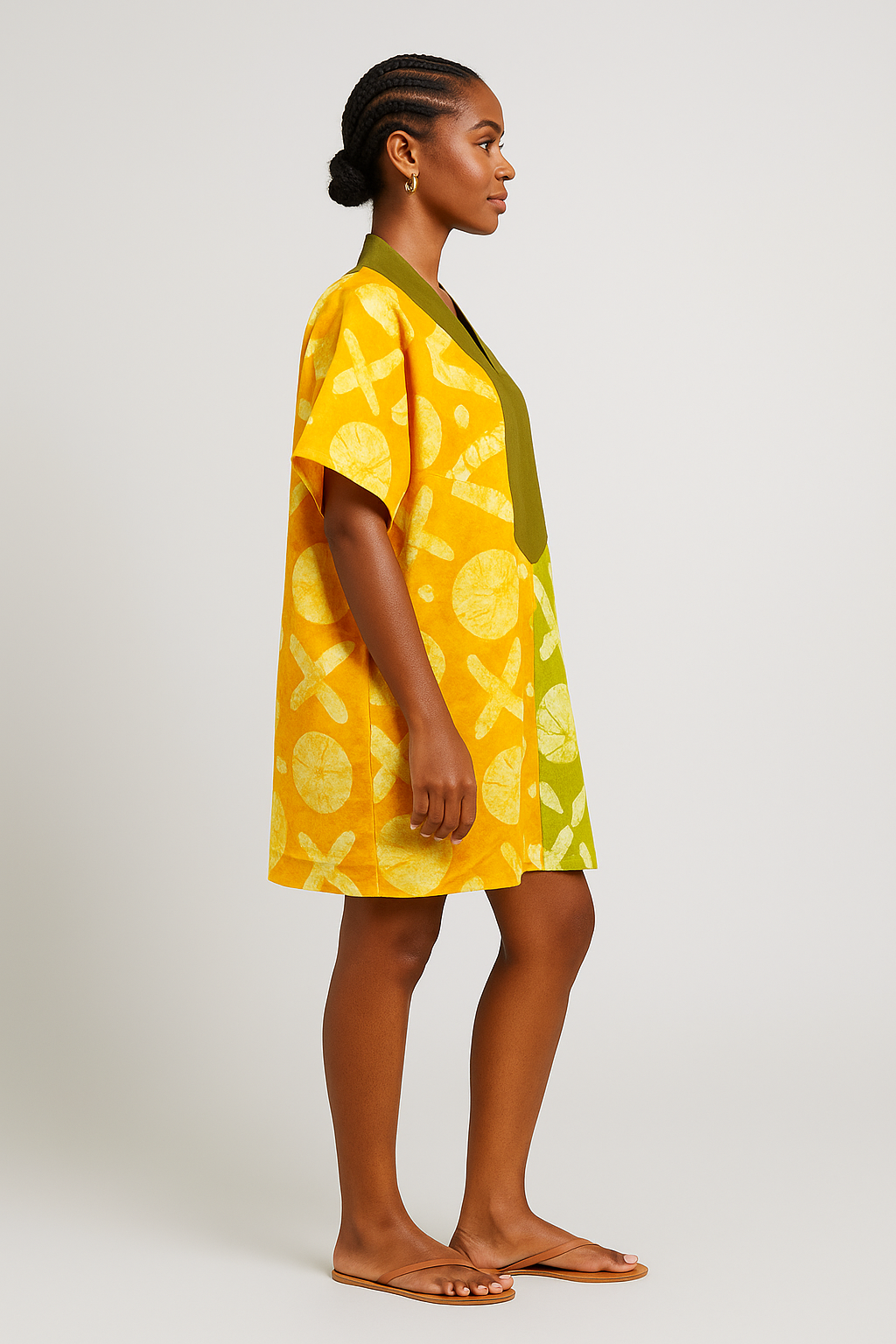 Olive Soleil Short Bubu – Hand-Dyed Two-Tone Kaftan Mini in Olive & Sunburst Yellow