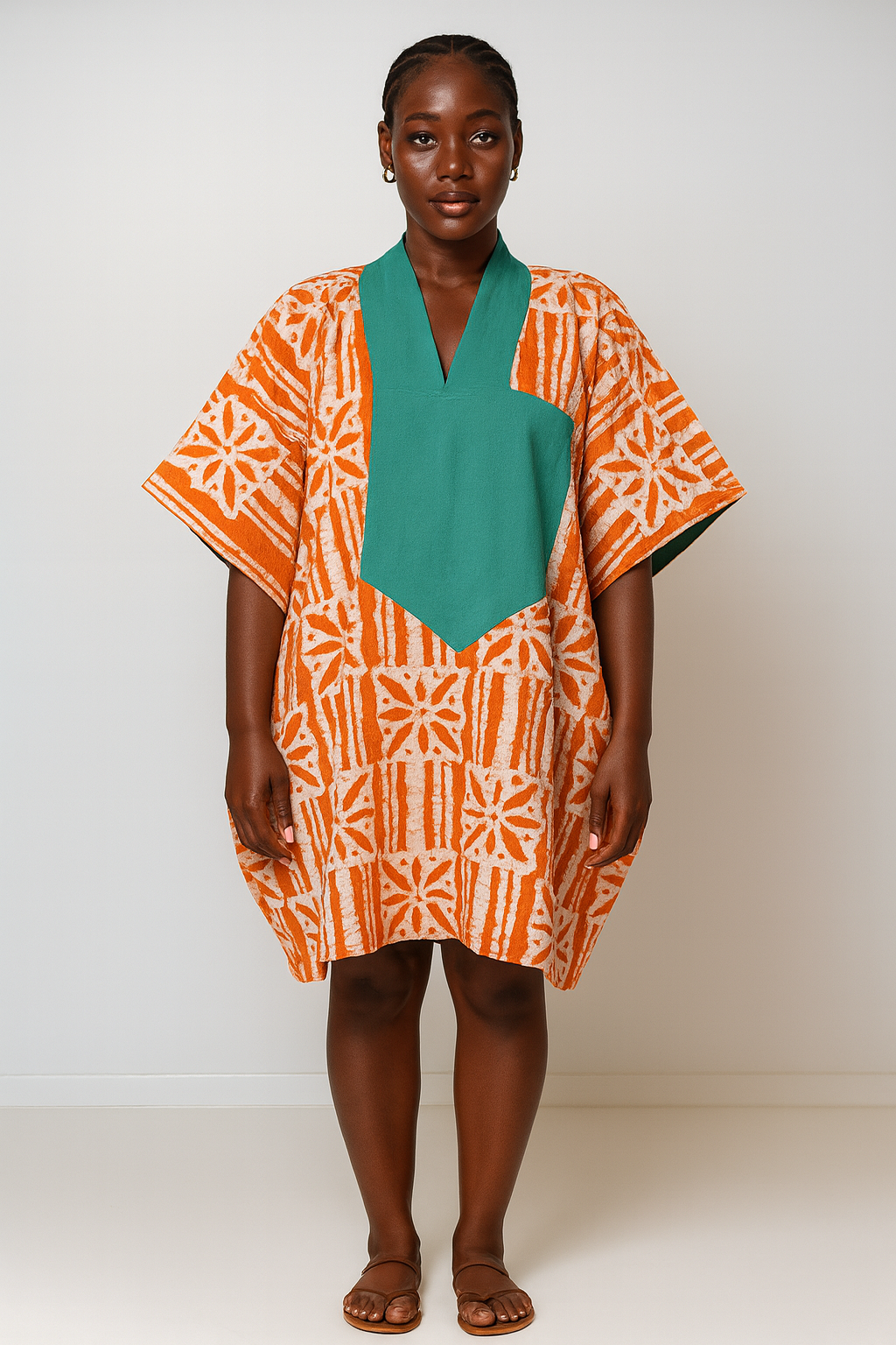Amber Mosaic Short Bubu – Hand-Dyed Artisanal Kaftan Mini in Burnt Orange & Emerald