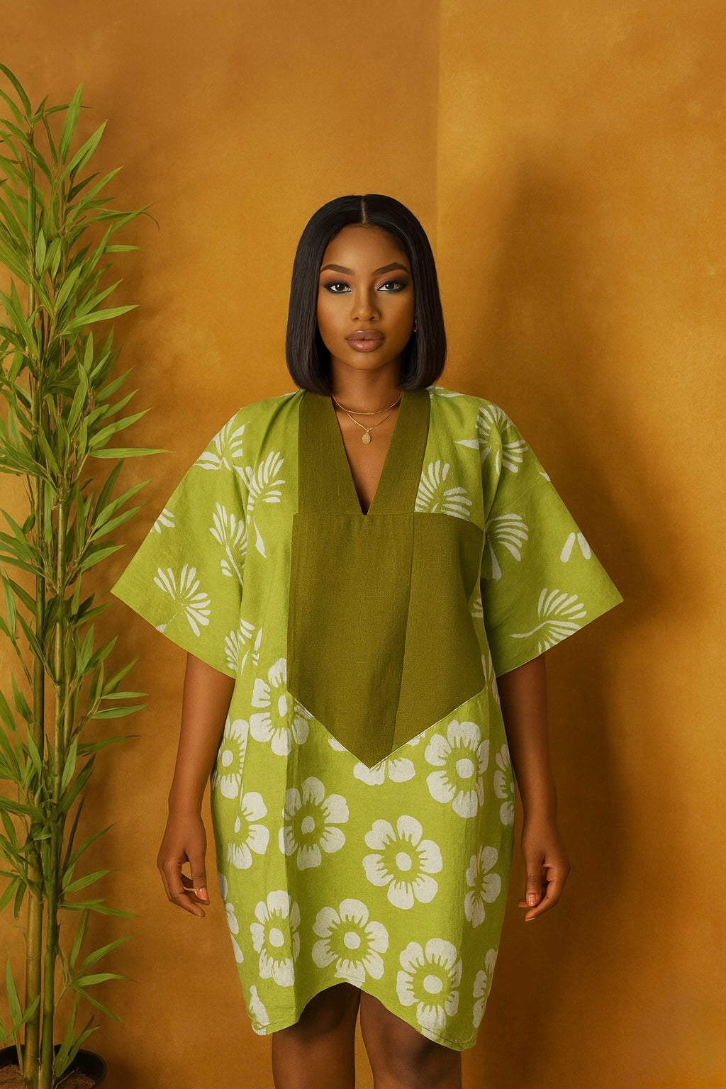 Lagos Bloom Short Bubu – Hand-Dyed Floral Mini Kaftan in Olive Green