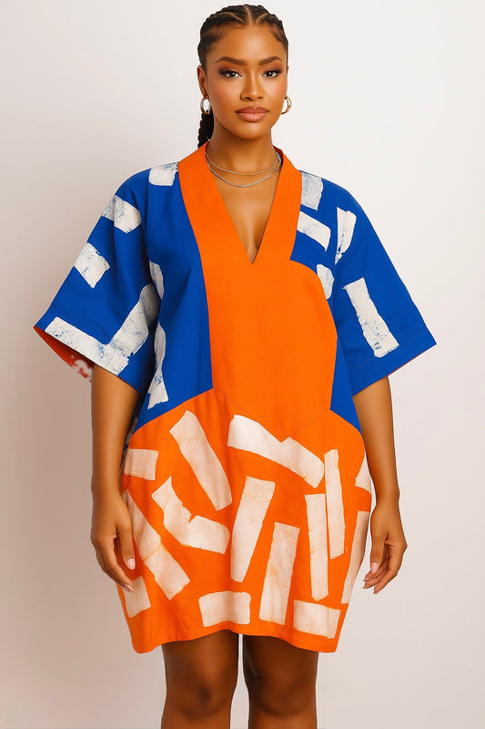 Makoko Ember Bubu – Hand-Dyed Cotton Kaftan in Cobalt & Flame
