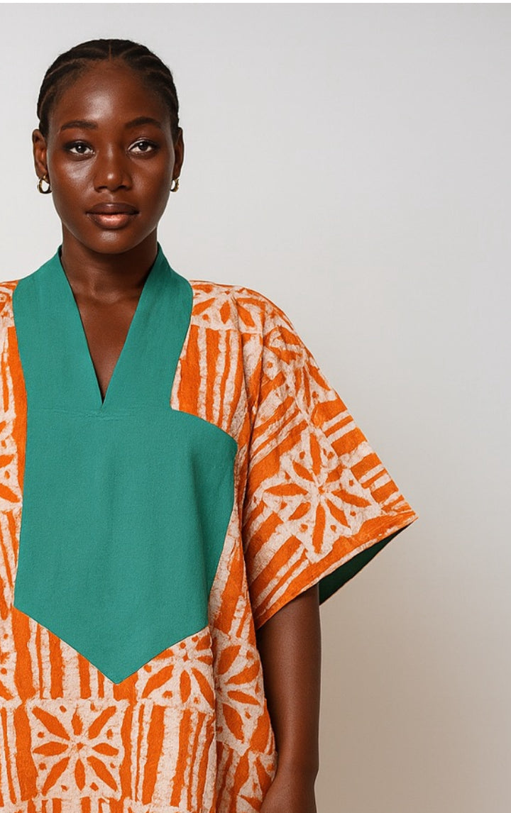 Amber Mosaic Short Bubu – Hand-Dyed Artisanal Kaftan Mini in Burnt Orange & Emerald