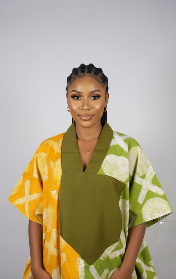 Olive Soleil Short Bubu – Hand-Dyed Two-Tone Kaftan Mini in Olive & Sunburst Yellow