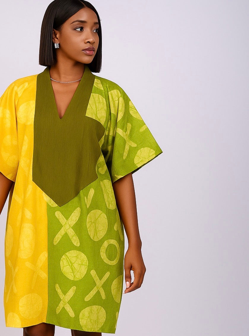 Olive Soleil Short Bubu – Hand-Dyed Two-Tone Kaftan Mini in Olive & Sunburst Yellow