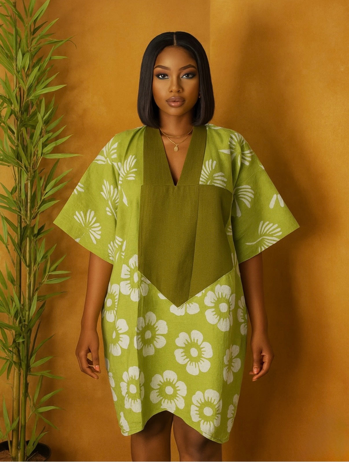 Lagos Bloom Short Bubu – Hand-Dyed Floral Mini Kaftan in Olive Green