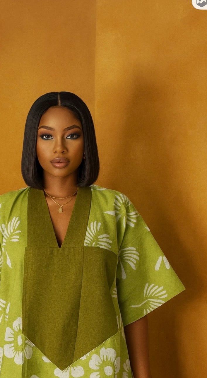 Lagos Bloom Short Bubu – Hand-Dyed Floral Mini Kaftan in Olive Green