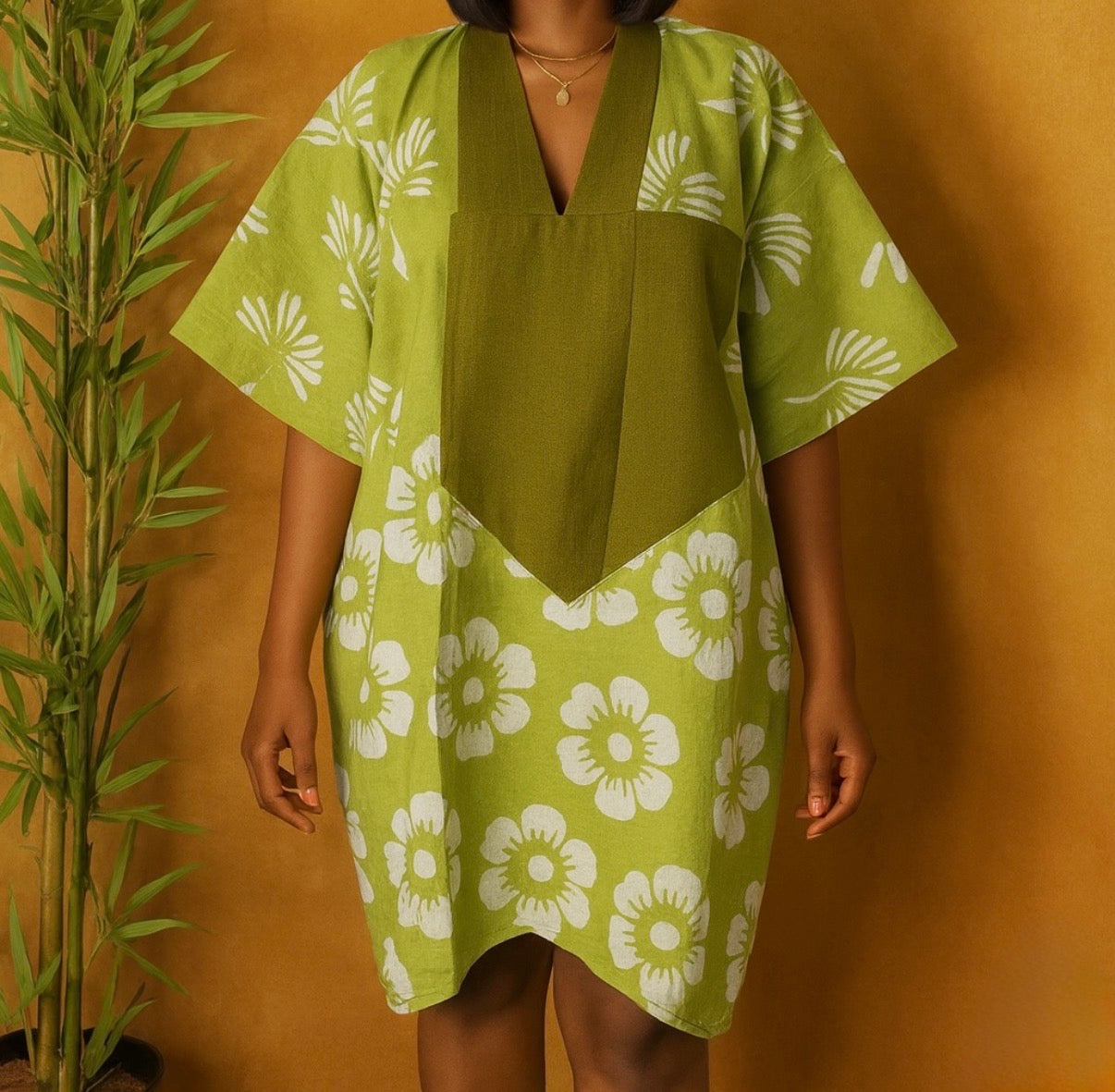 Lagos Bloom Short Bubu – Hand-Dyed Floral Mini Kaftan in Olive Green