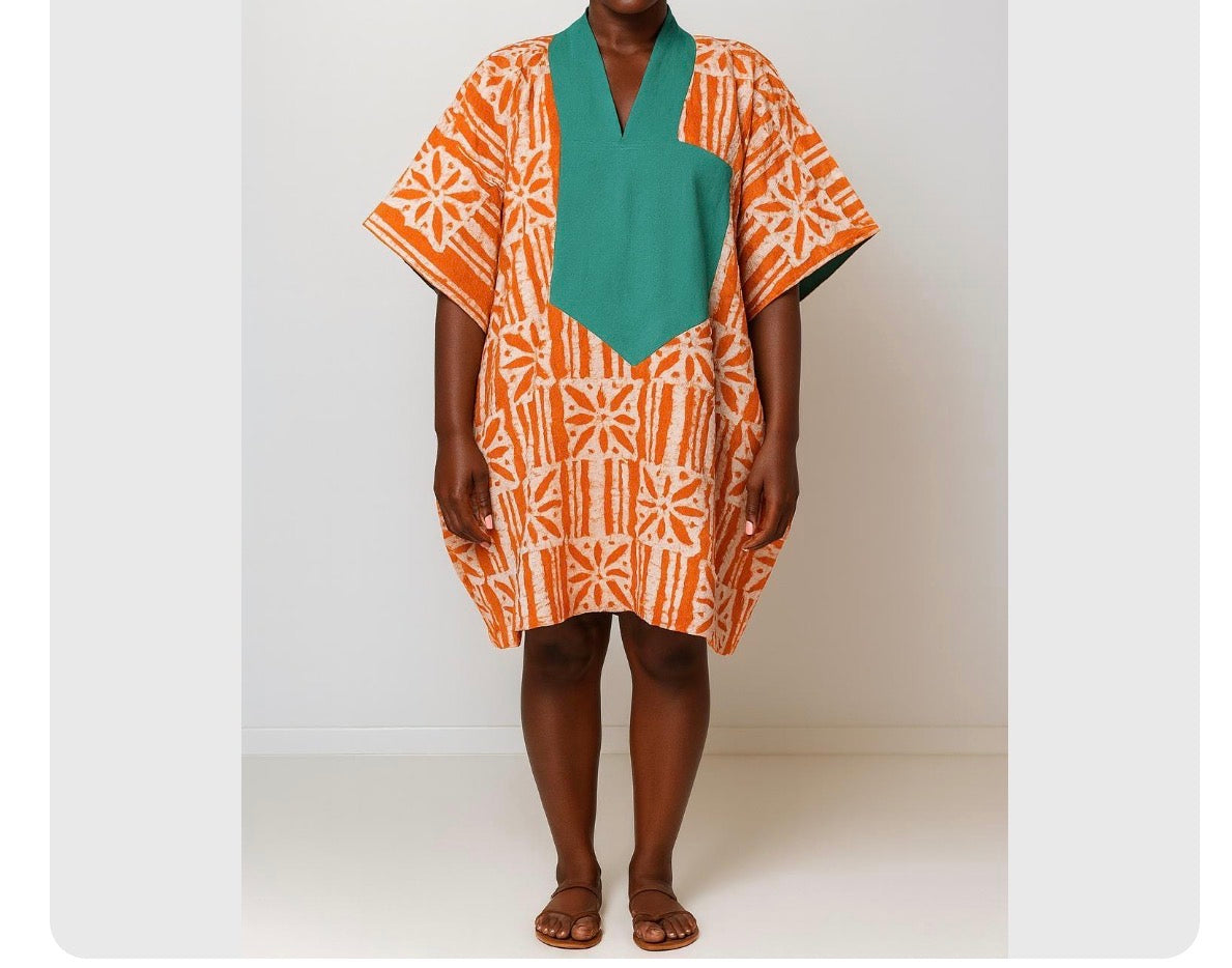 Amber Mosaic Short Bubu – Hand-Dyed Artisanal Kaftan Mini in Burnt Orange & Emerald